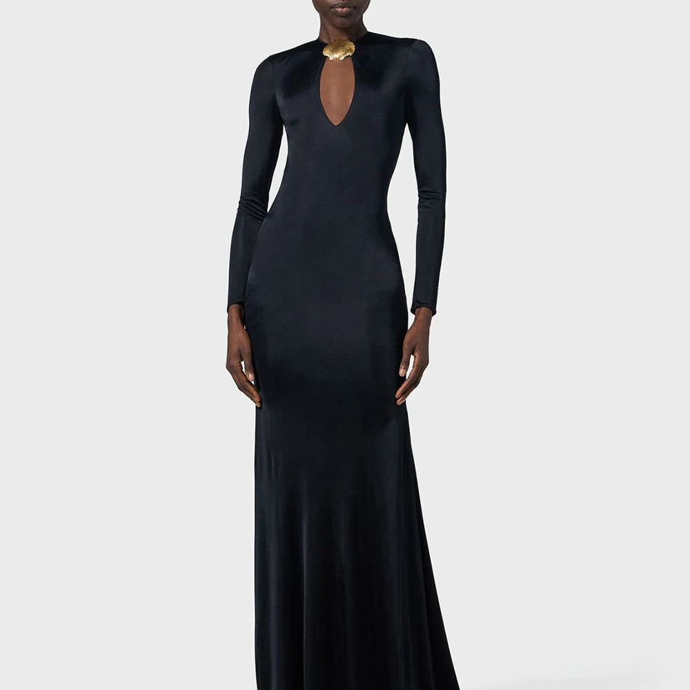 Elegant Solid Women Long Sleeved Floor Length Dress Sexy Party Backless Slim Female Maxi Dresses 2025 Summer New Chic Lady Robe