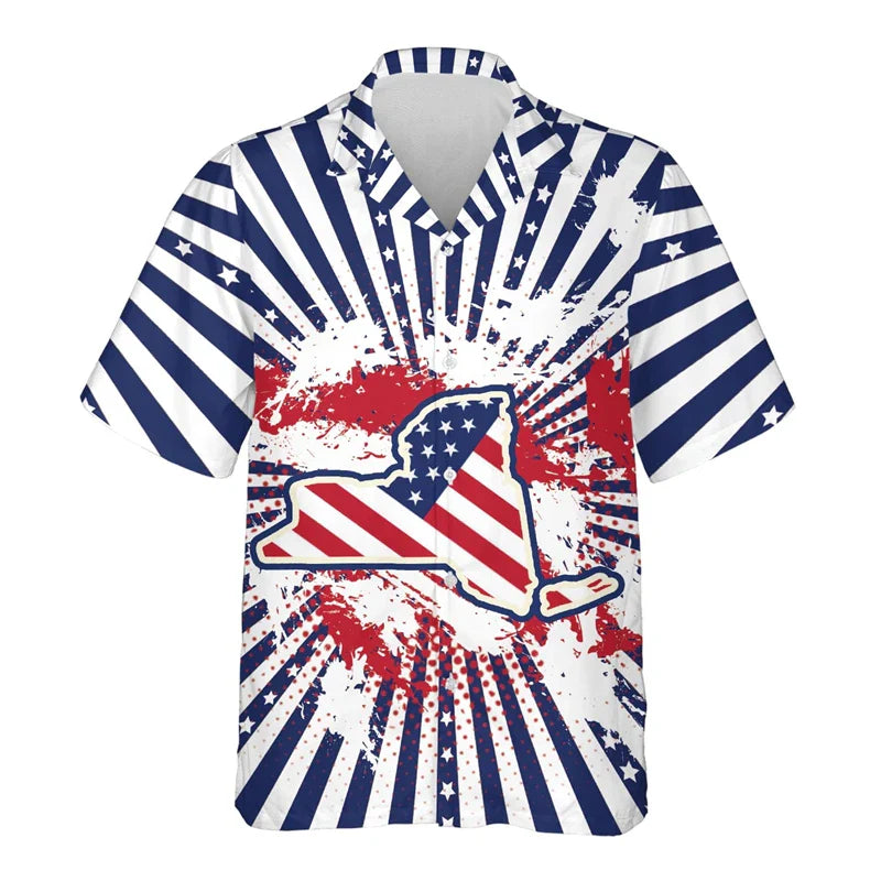 USA California Virginia Michigan Map Flag Graphic Shirts For Men Clothes America Florida Patriotic Lapel Blouse Male Shirt Tops