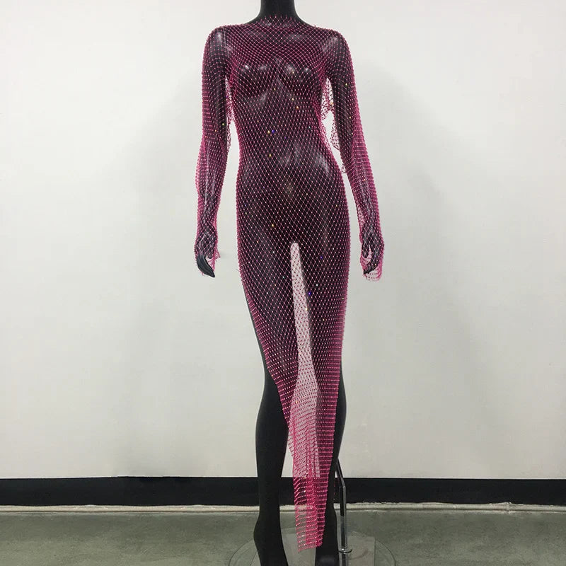 Y2K Sexy Shiny Rhinestones Grid Fishnet Dress Long Sleeve Hollow Out Side Slit Dress Beach Cover Up Breathable Lady Vestidos Rose Red Split One Size