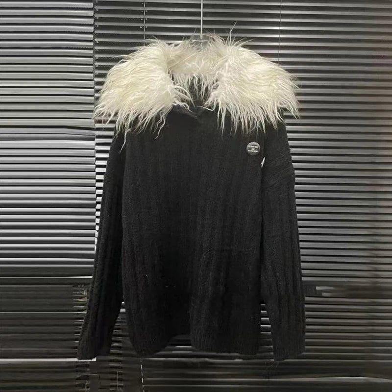 Autumn Winter New Large Fur Collar Knitted Soft Warm Sweater For Women Casual Solid Color Shorts Female 11A07781 only Black Top