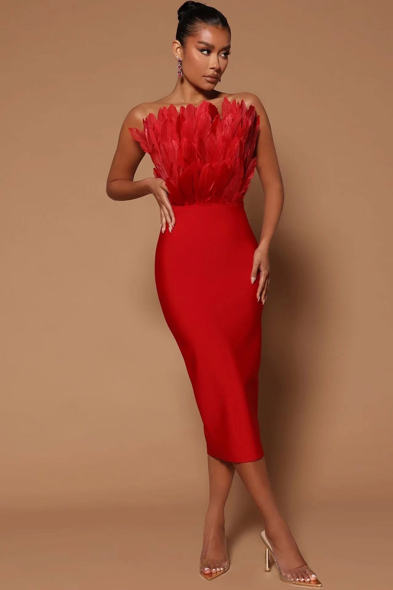 Sexy Feather Bandage Dress Vestidos Para Mujer Wedding Birthday Party Night Cocktail Club Dresses Red