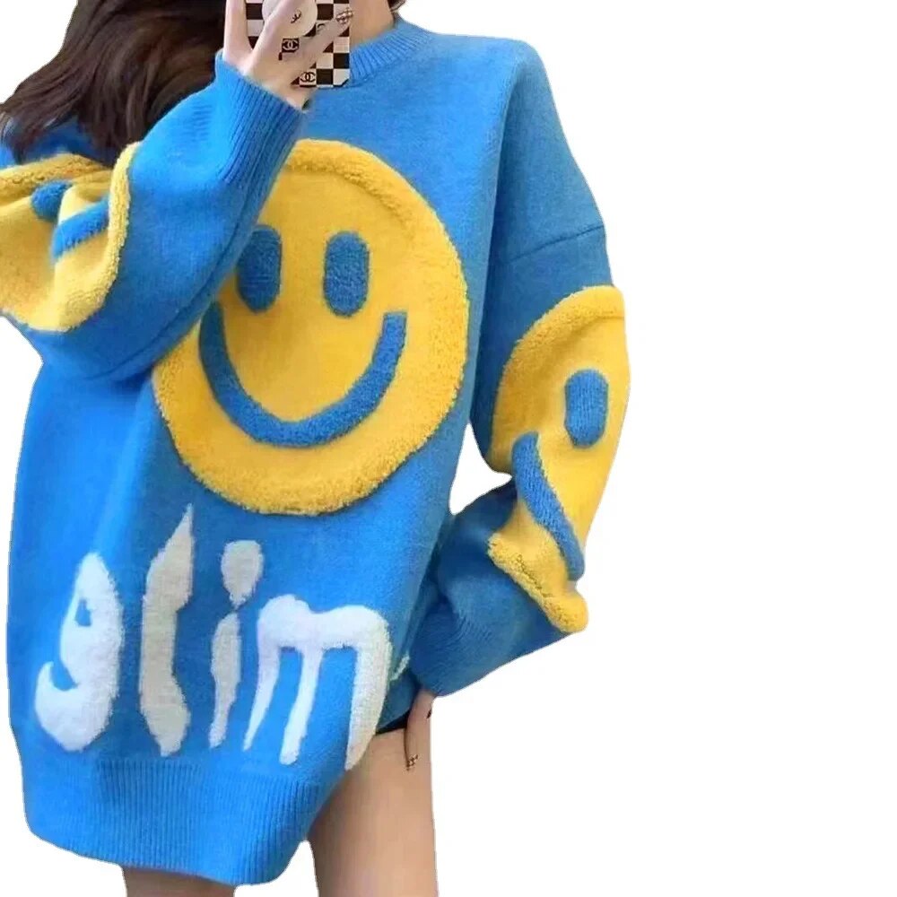 Y2k O-Neck Crochet Kintted Sweater Women Smile Loose Top E-girl Pullovers Spring Autumn Winter Jumper Sueter Streetwear