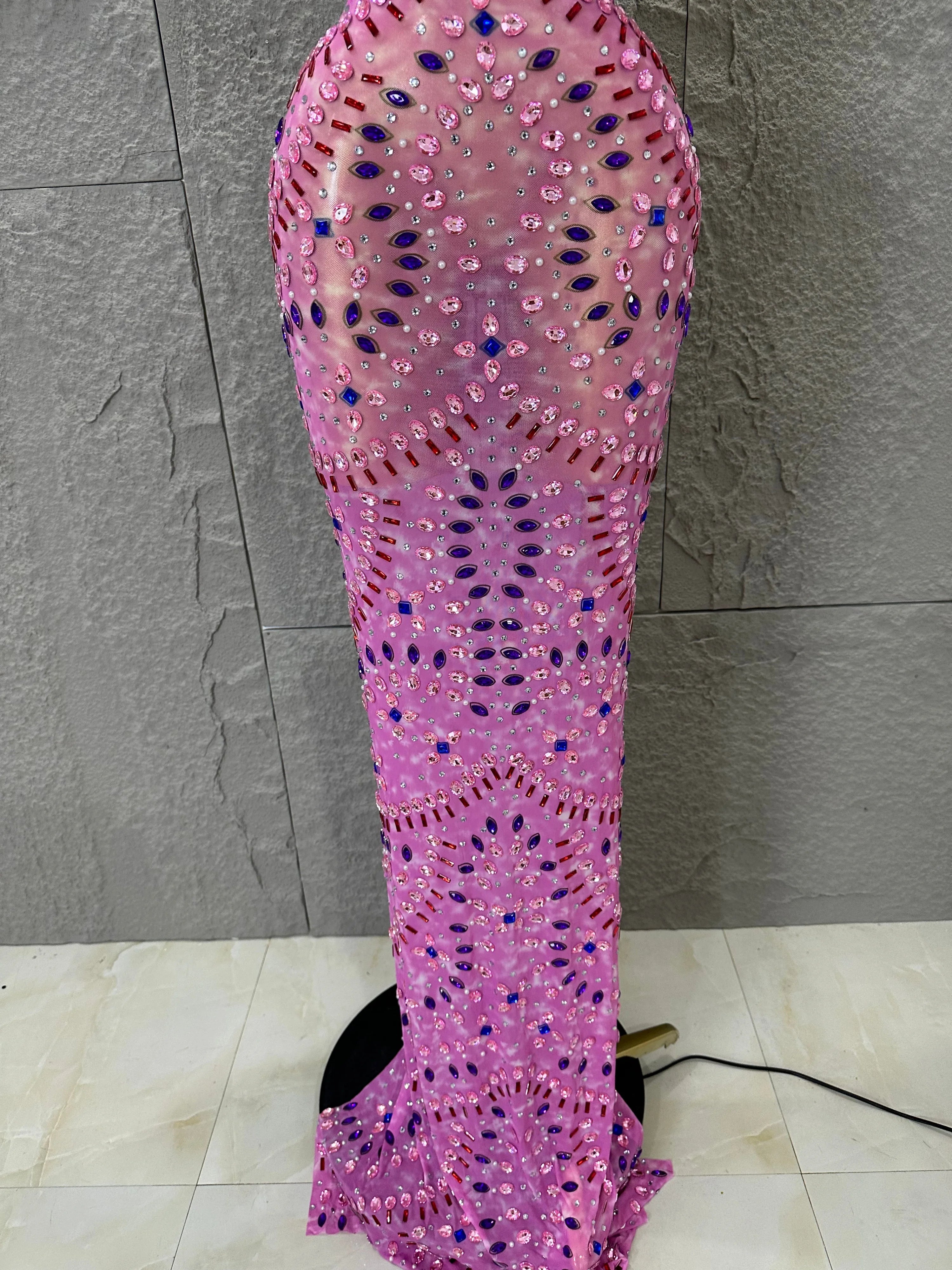 Women Sexy Cutout Full Crystal Embellished Bodycon Mermaid Outfit Sheer Mesh Maxi Dress Stage Performance Evening Party Costume