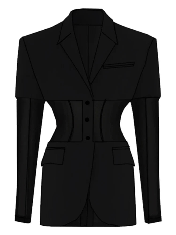 DEAT Fashion Women's Blazer New Notched Collar Patchwork See-through Mesh Single Breasted Slim Suit Jackets Autumn 17A2745