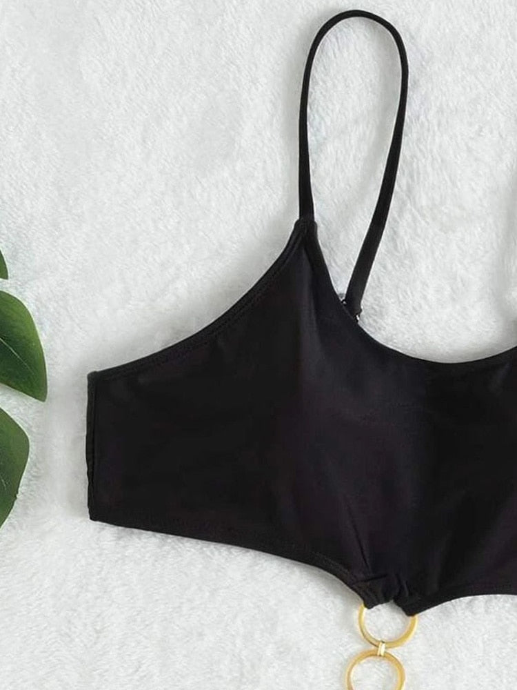 Sexy Black Strapped Swimwear - High Cut Push UP One Piece Swimsuit Monokini Backless Hollow Bathing Suit