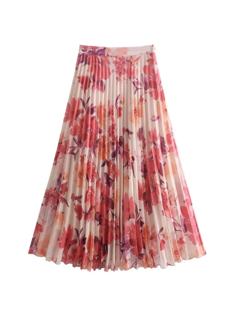 Aonibeier Summer Women Printed Suits Traf Wrist Sleeve V Neck Casual Shirt Female Pleated Maxi Long Skirt Sets Y2K Street One Piece Skirt