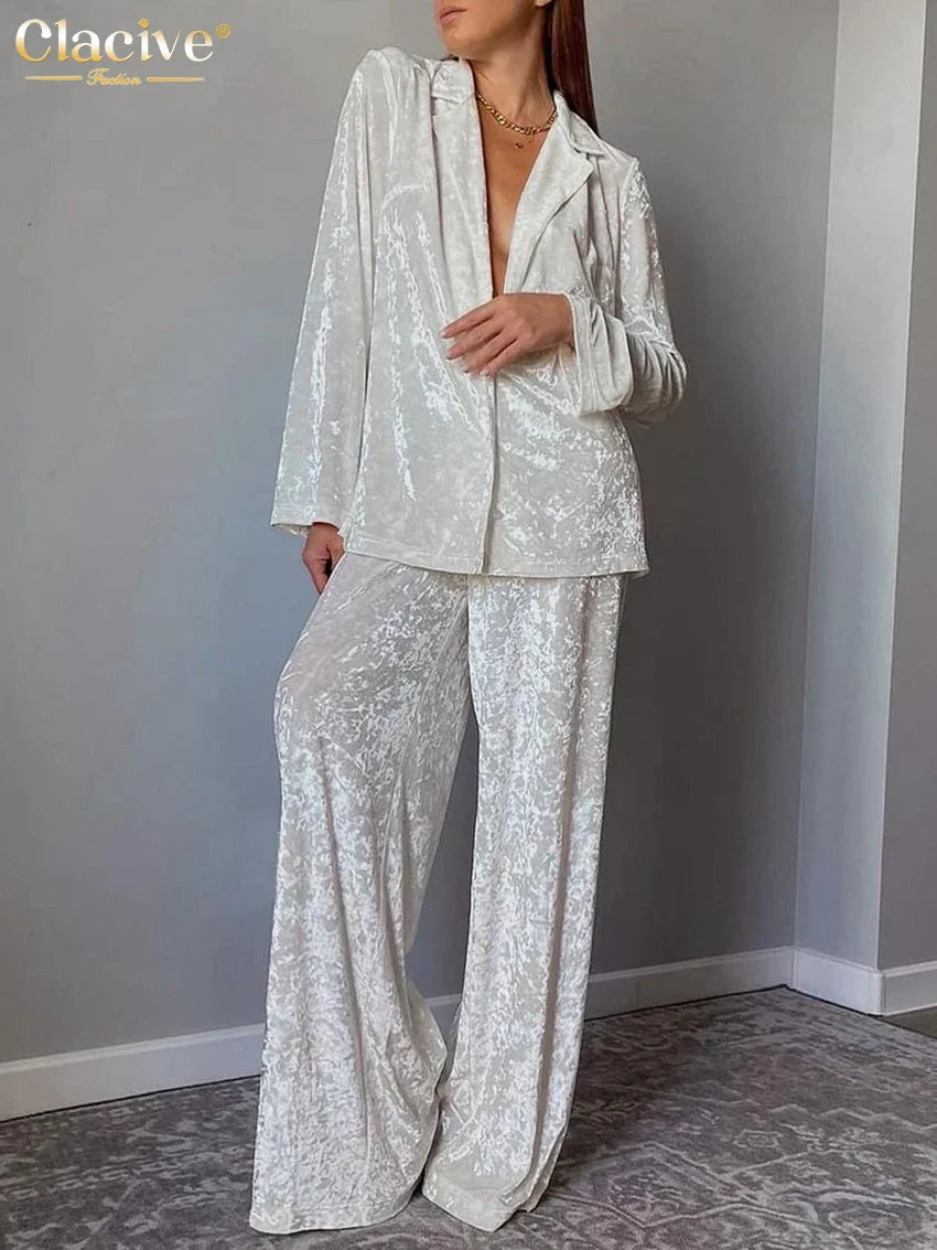 Clacive Winter Loose Home Suits Fashion White Velvet Pants Set Elegant Lapel Long Sleeve Blouses Two Piece Sets Womens Outifits WHITE