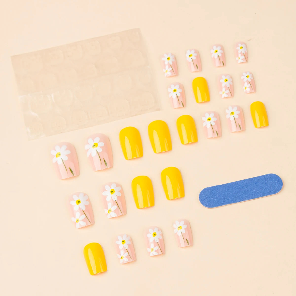 24 Pcs Square European Style Press On Nails Medium Shine Yellow Flower Fake Nails Reusable Cute False Nail For Women/Girls
