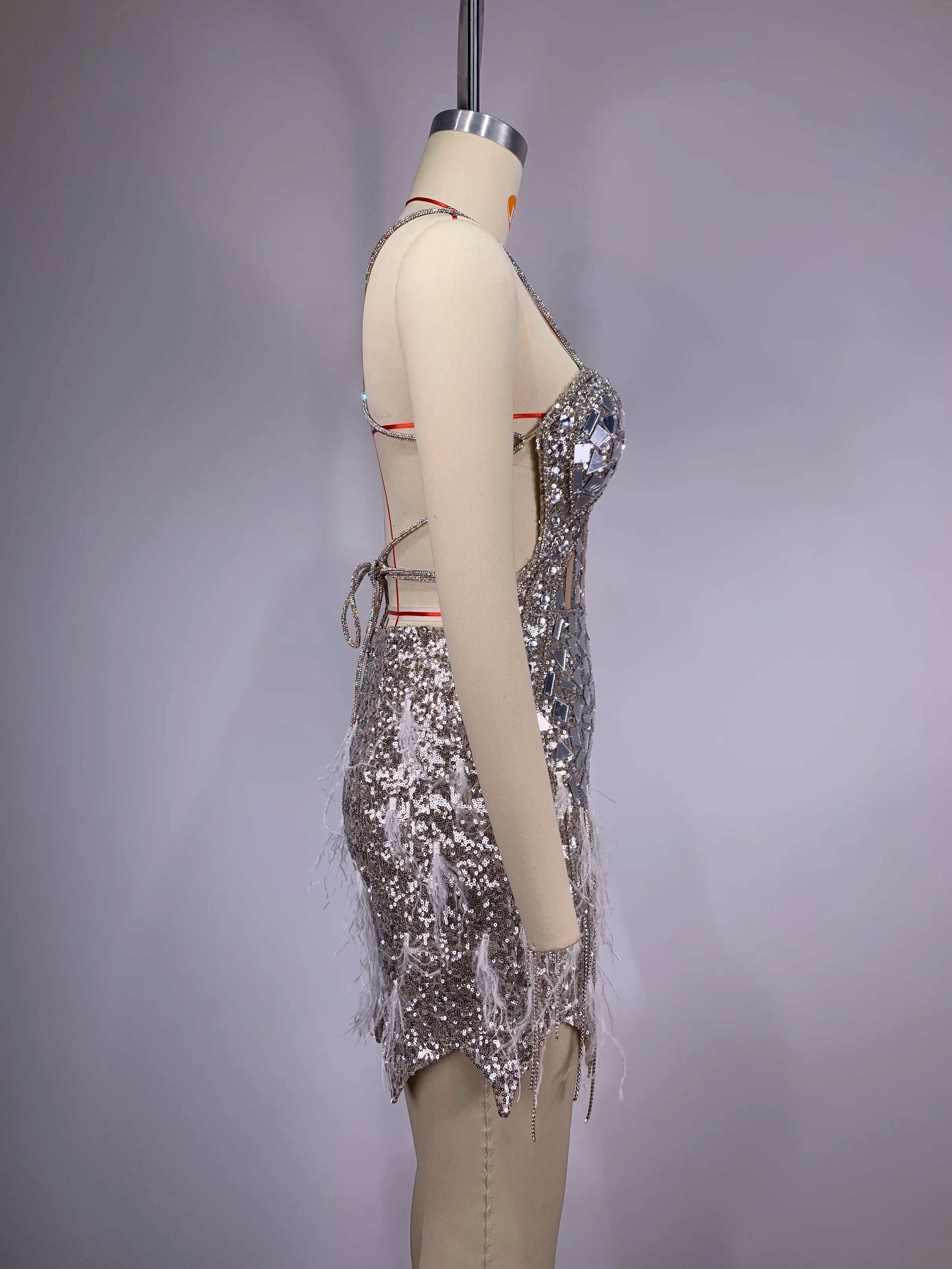 Sliver Sequins Diamonds Tassel Sexy V-Neck Strapless Mini Evening Dress Woman Birthday Party Outfit Stage Performance Costume