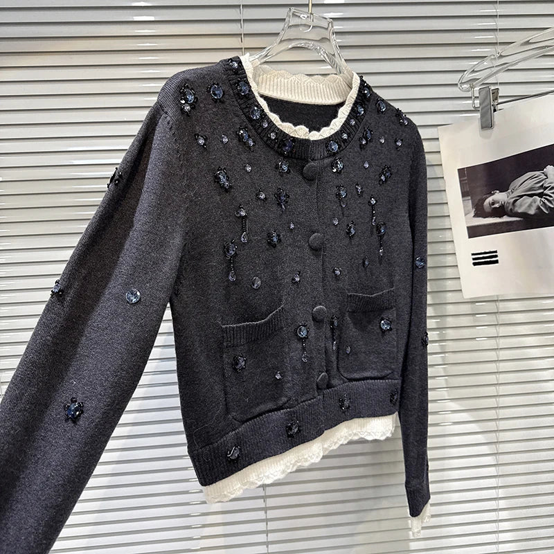 Winter New Fashion Beaded Rhinestone Contrast Color Lace Collar Knitted Cardigan Sweater For Women 11A07845