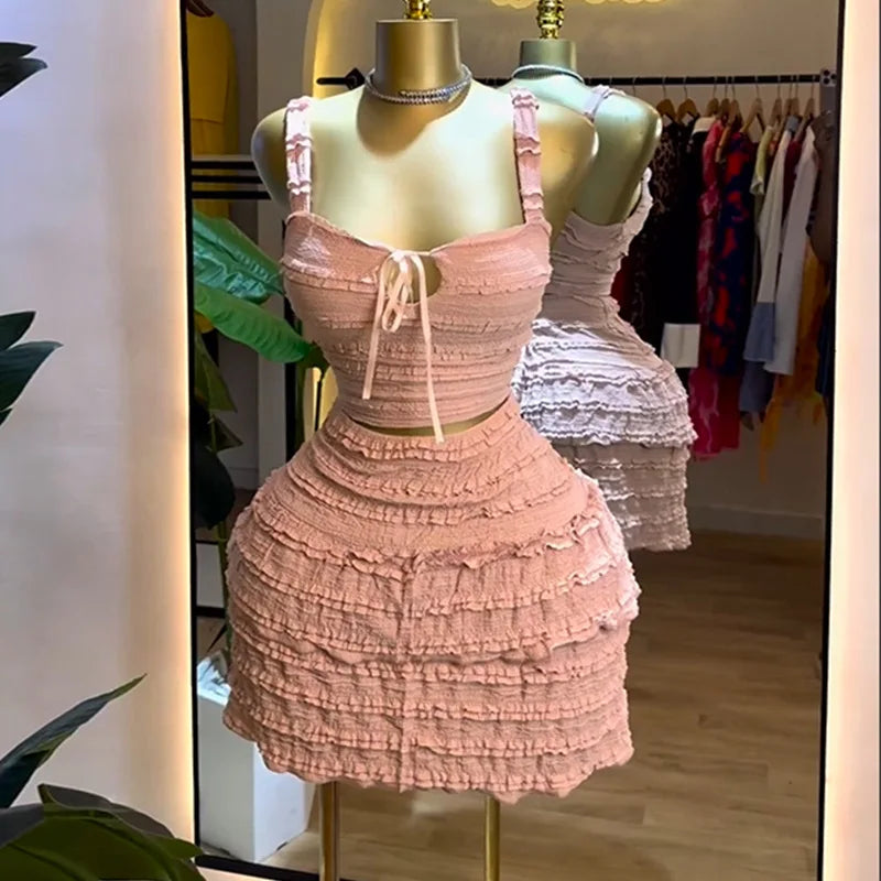 Beach Boho Women's Set Strap Sleeveless Tank Top and Ruched Mini A-line Skirts Two 2 Piece Sets 2025 Summer Outfits Pink One Size