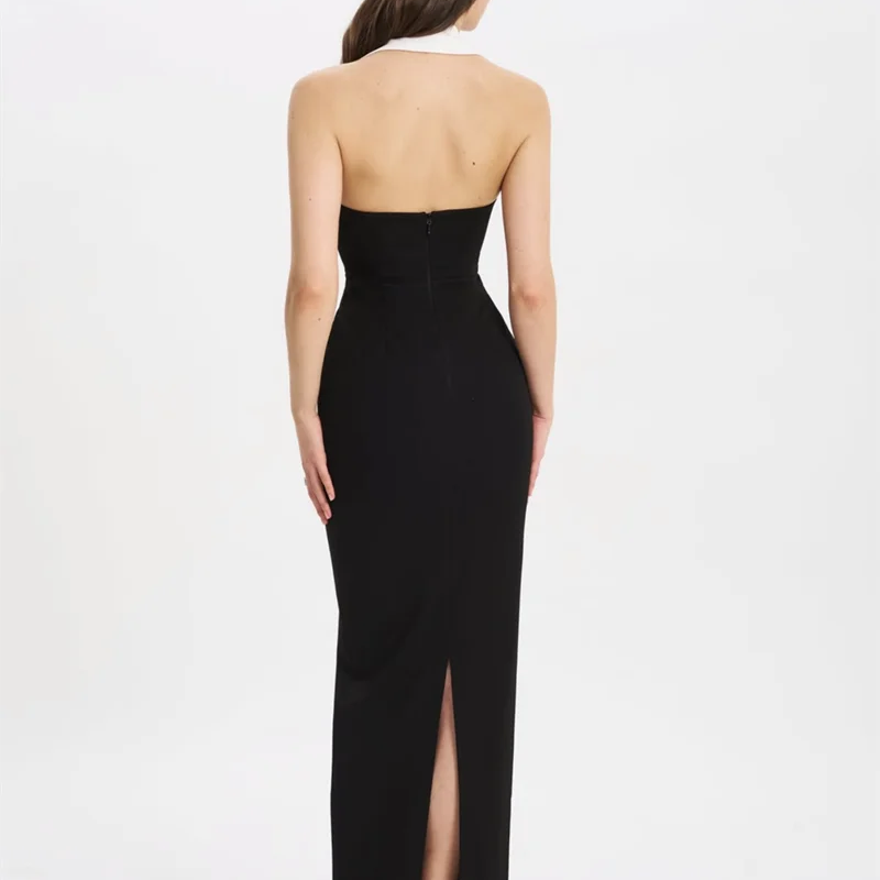 Black Color Women Sexy Halter Backless V-Neck Bodycon Long Bandage Maxi Dress High Street Elegant Evening Party Wear