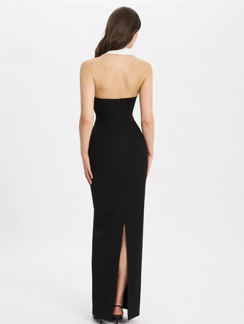 Black Color Women Sexy Halter Backless V-Neck Bodycon Long Bandage Maxi Dress High Street Elegant Evening Party Wear