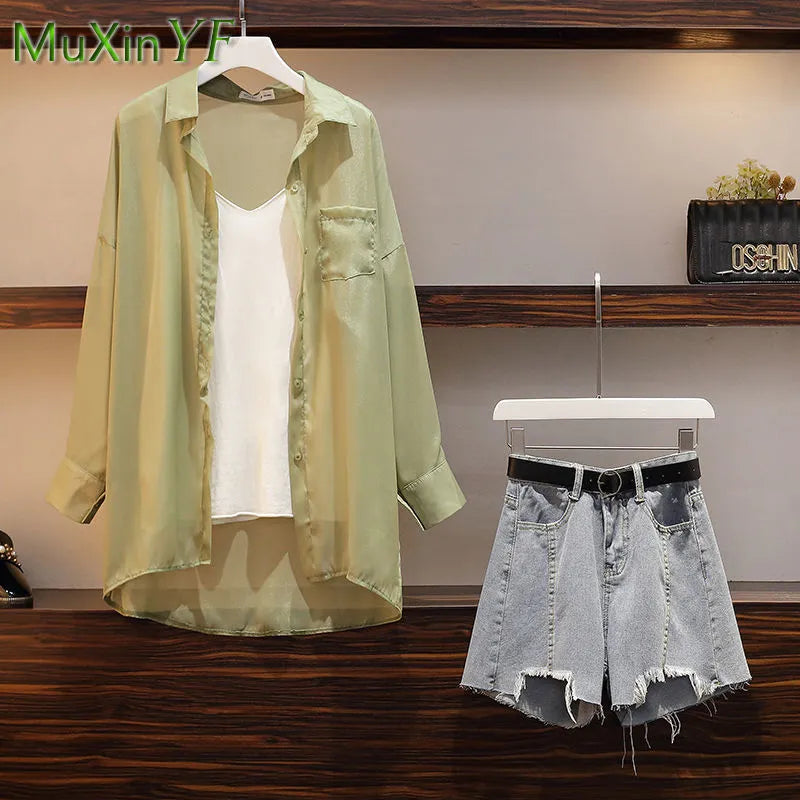 Women's Summer Matching Set 2024 New Fashion Chiffon Sunscreen Shirt+Tank Top+Denim Shorts 3 Piece Korean Elegant Jeans Suit