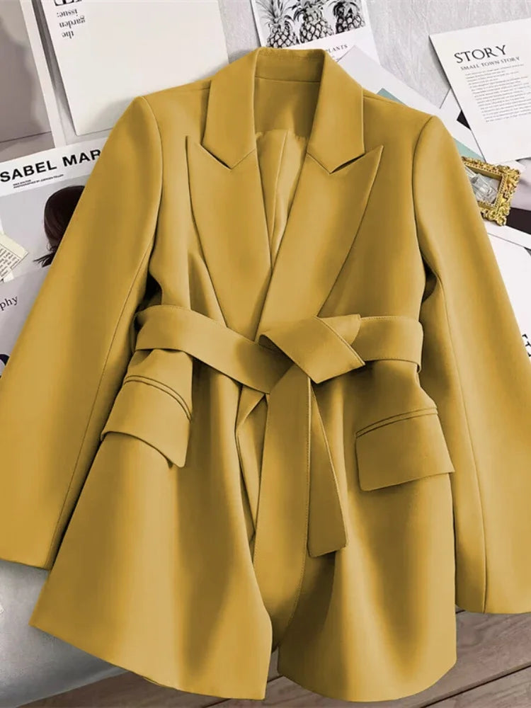 Spring New in Women's Blazer Belt Slim Fitting Temperament Fashion Small Suit Top for Women Commuting Korean Version Suit Jacket Yellow