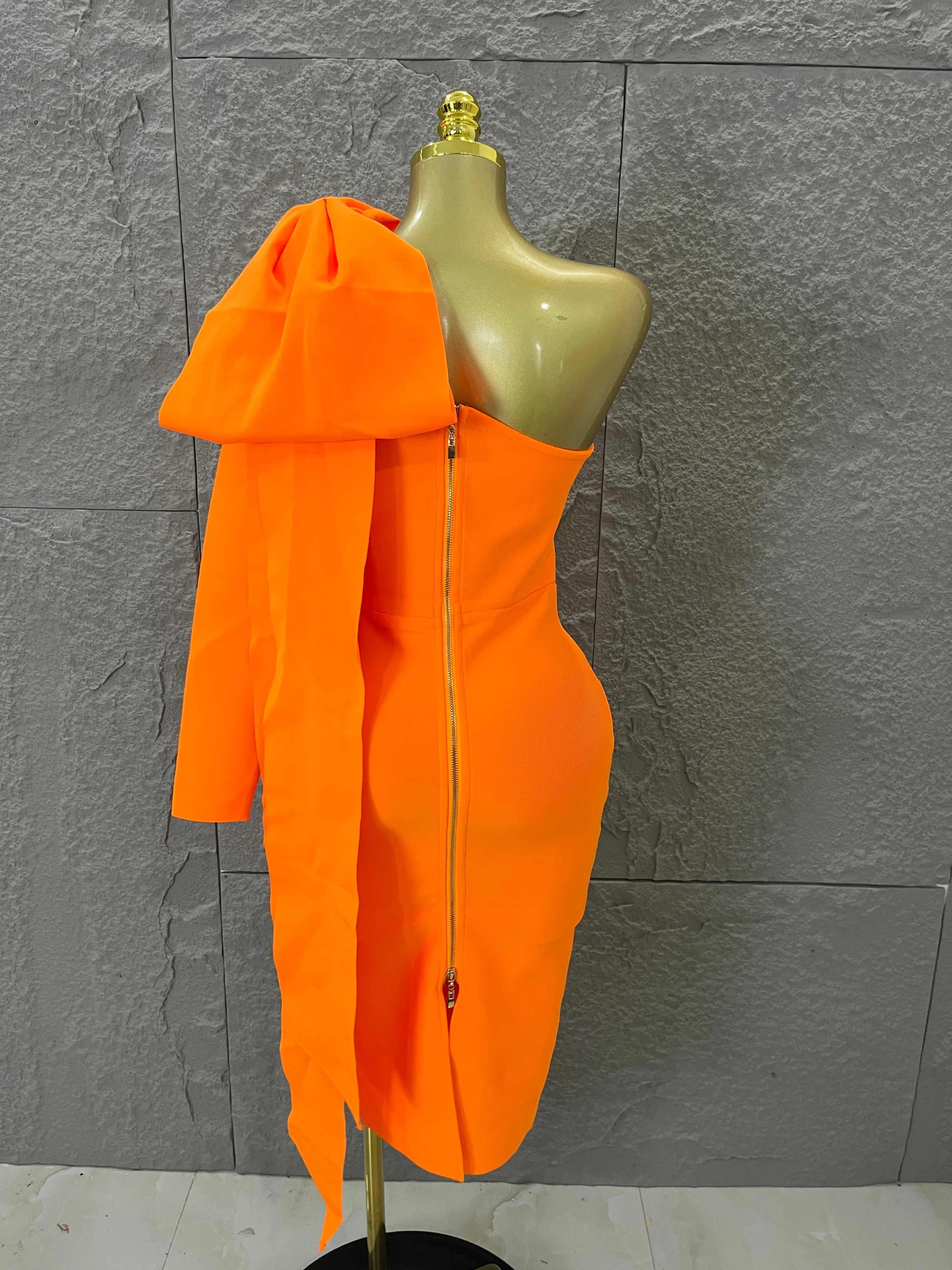 Vibrant Orange Single Sleeve Bow Shoulder Bandage Dress Slim Fit Midi Evening Birthday Nightclub Banquet Formal Dinner Outfit