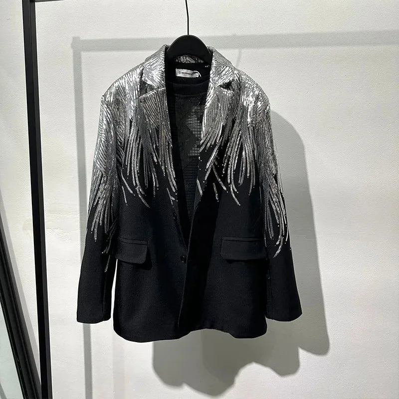 Solid Spliced Sequins Elegant Jackets for Women Lapel Long Sleeves Patchwork Single Breasted Jacket Female Fashion BLACK