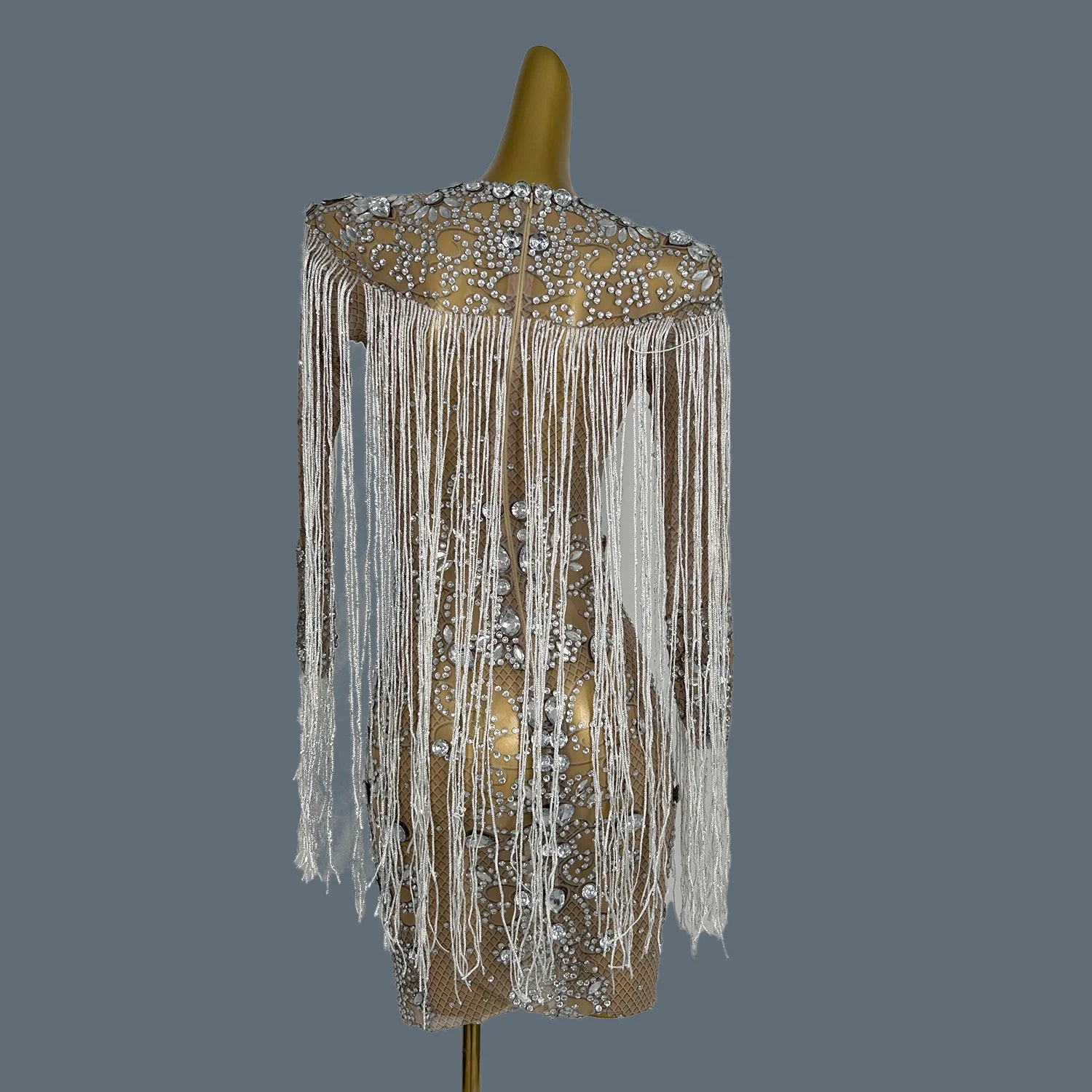 Women Luxury Rhinestone Tassel Dress Elastic Singer Club Stage Performance Costume Evening Party Celebrate Dress Vestido Hualan