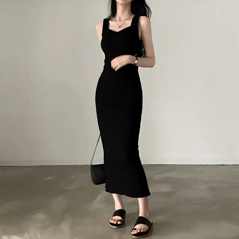 Temperament Square Neck Long Dress for Women Sexy Solid Screw Thread Sleeveless Split Dresses Slim Pullover Office Lady Vestidos black dress