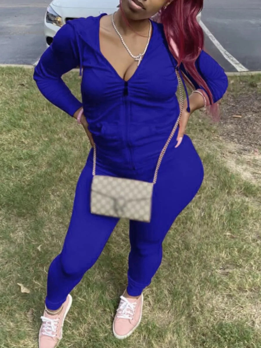 LW Plus Size Autumn Womens Kangaroo Long Sleeve Casual Tracksuit Set Hooded Collar Pocket Design Two Piece Pants Set Outifits Blue