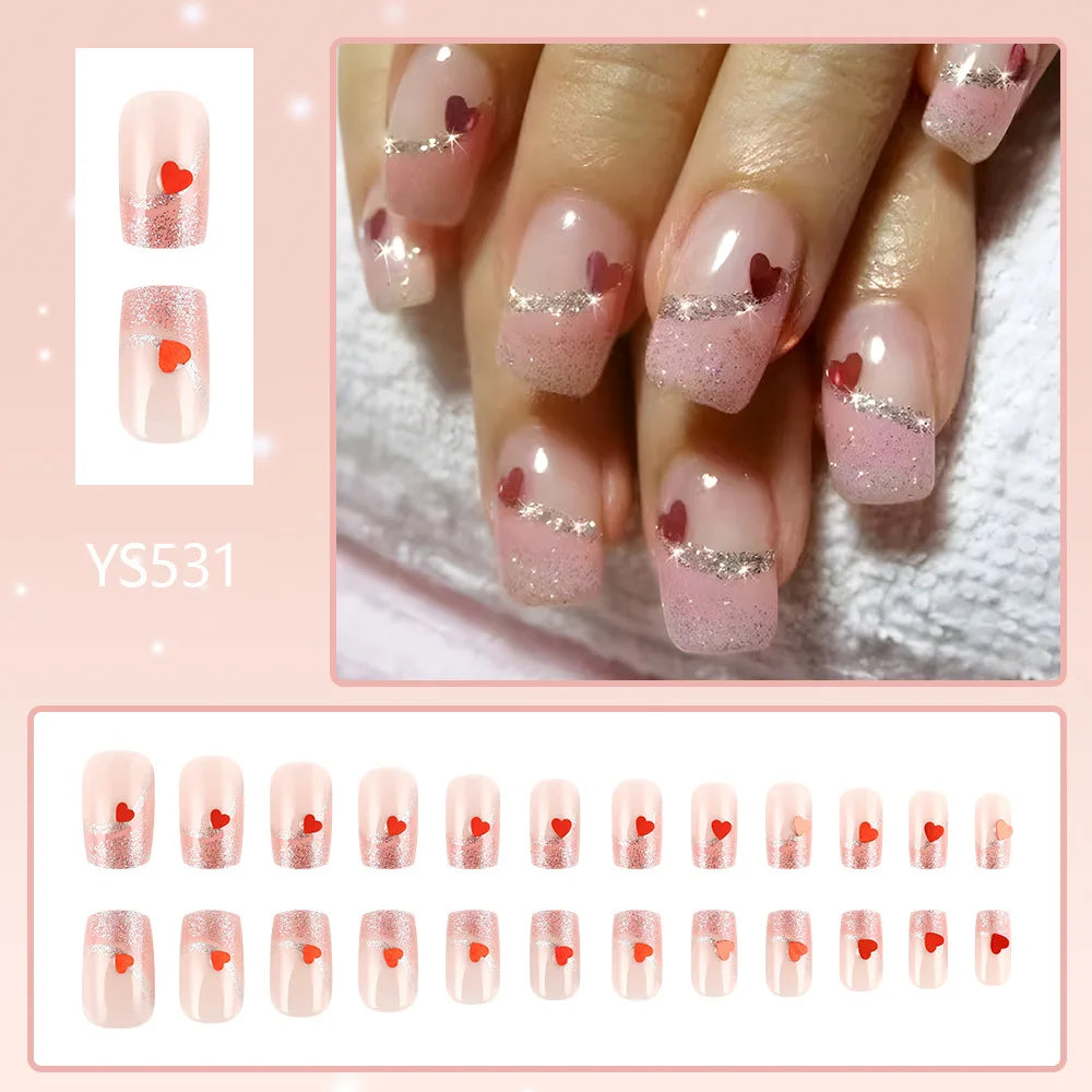 24pcs y2k Black French Press on Nails Short Square Pink Heart Fake Nails Full Cover Wearable Sweet Valentine's Day False Nails 2