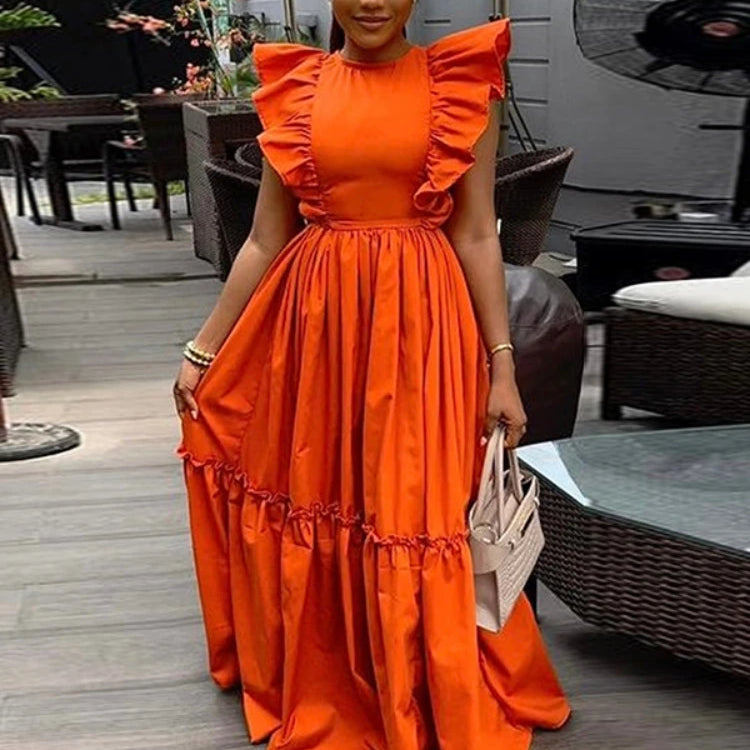 2024 Summer Ruffles Short Sleeve Sweet Cute O-Neck Floor-Length Long Women Dress Beach Streetwear Big Swing Maxi Dresses