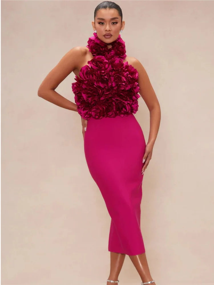 Rosered White Women Sexy Halter Off the Shoulder Backless Bodycon Long Bandage Dress Florals Celebrate Nightclub Party Wear