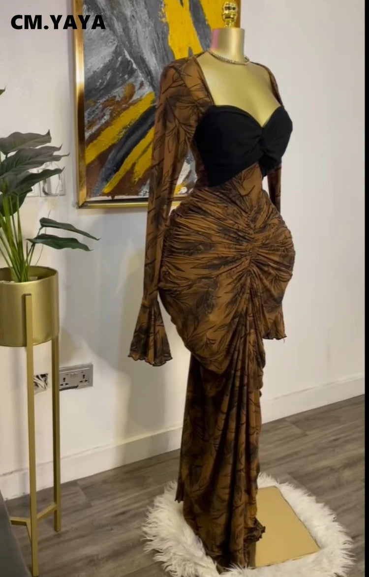 Women Leaf Printed Stacked Ruched Draped V-neck Maxi Long Bodycon Dress 2025 Holiday Birthday Club Party Evening Dresses