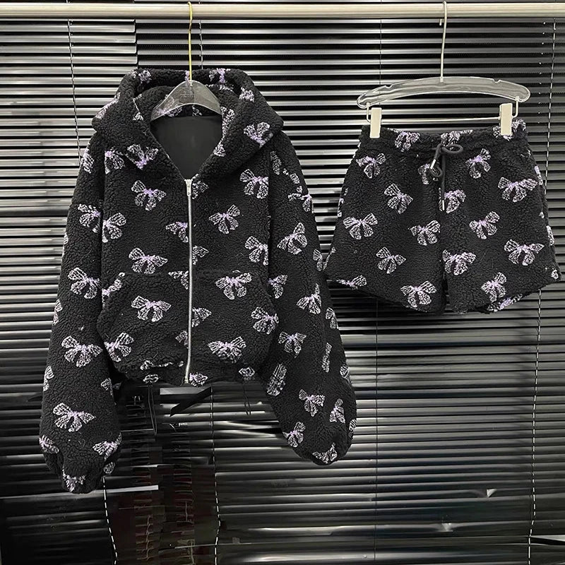 Autumn Winter New Fashion Women's Set Bowknot Printed Design Hooded Loose Zipper Coat Elastic Waist Shorts 11A07780 Black Suit