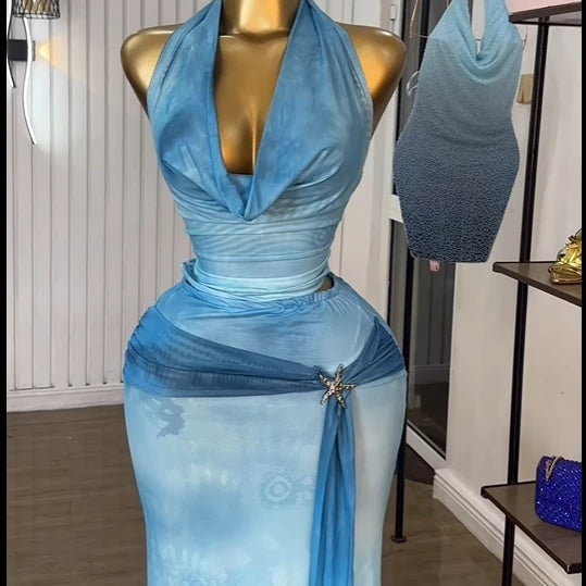 Women Tie Dye Printed Halter Pile Neck Crop Top and Bodycon Midi Maxi Long Skirt Suit 2025 Summer Two 2Piece Set Outfits