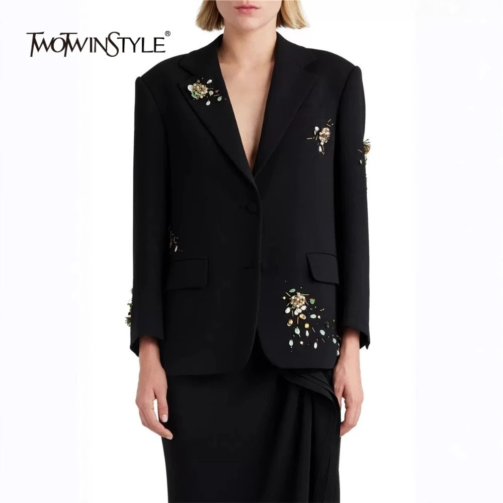 Spliced Bead Two Piece Sets for Women Lapel Long Sleeve Patchwork Single Breasted Top High Waist Skirt Set Female