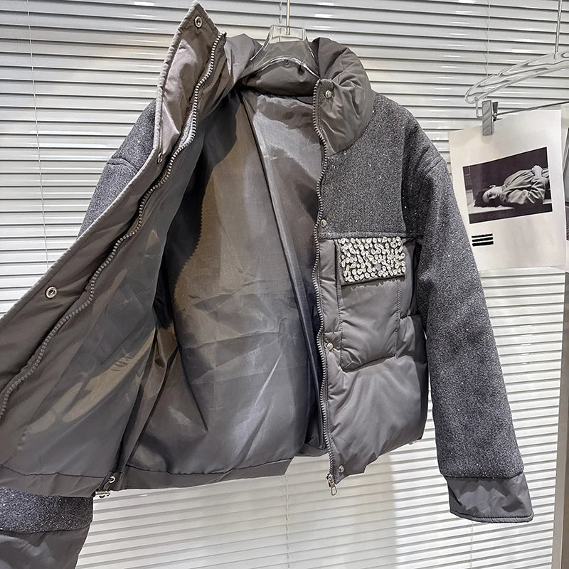 Winter New Fashion Patchwork Shiny Fabric Beaded Pocket Warm Jacket For Women Versatile Cotton-padded Coat 11A07930