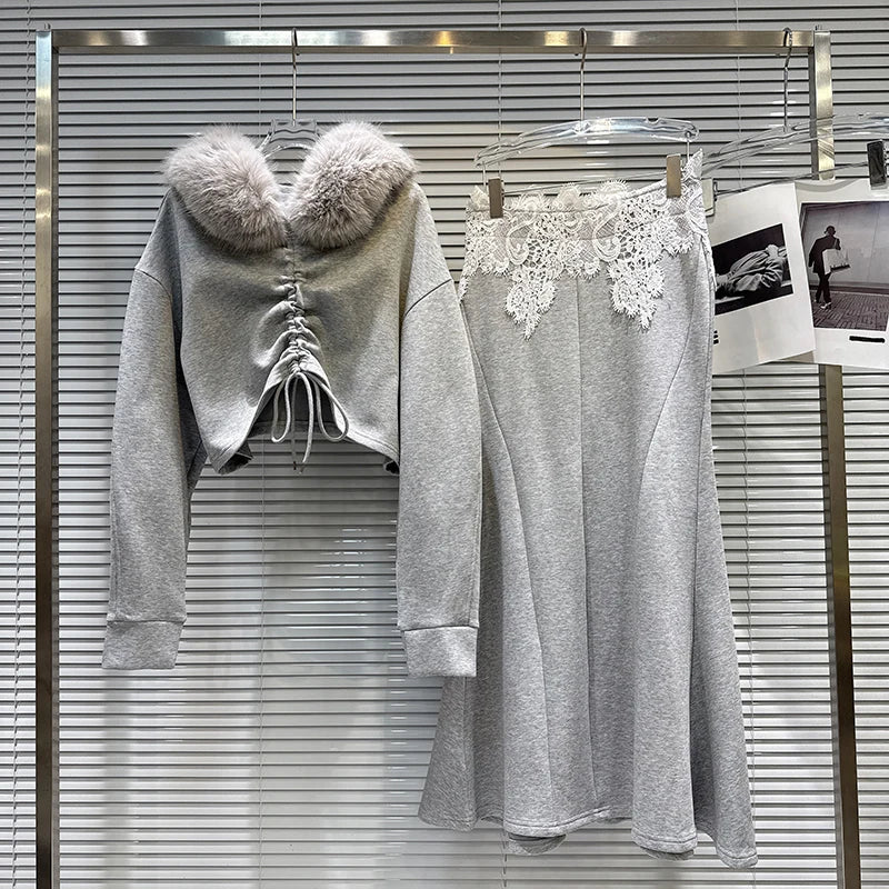Winter New Fashionable Big Fur Collar Drawstring Sweatshirt Lace Waist Mermaid Skirt Thickened Set For Women 11A07480