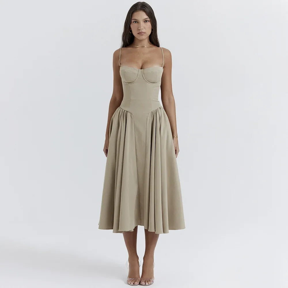 Suninheart Elegant Spaghetti Strap Midi Dress Slim A Line Party Dresses Navy Blue Casual Birthday Holiday Dress Women's clothing apricot