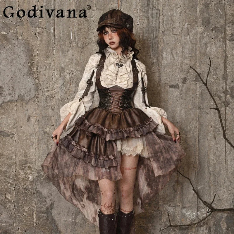 Original Punk Asymmetrical PU Chest Plate Strap Trailing Dresses Long Sleeve Shirt Dress Sets Autumn New Gothic Girls Outfits