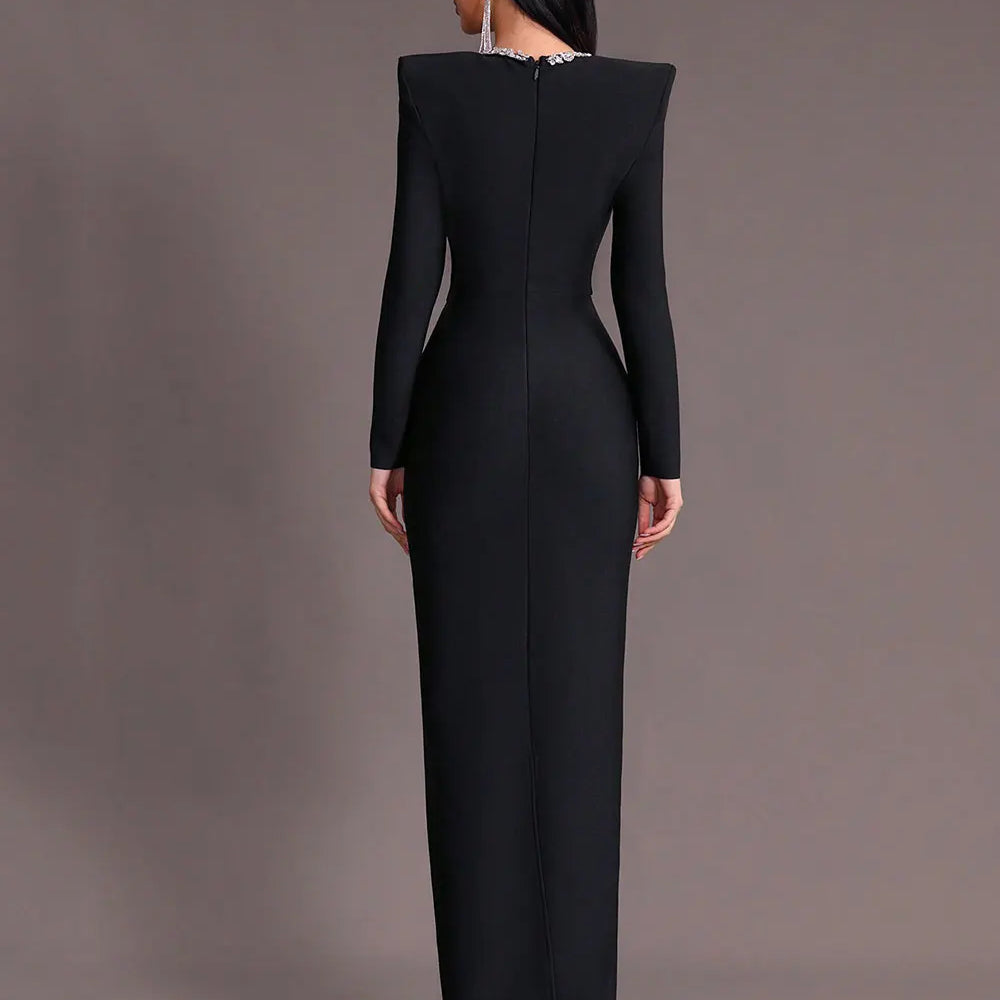 2025 Elegant Women's Light Luxury Nail Diamond Design Bandage Dress U Neck Long Sleeve Bodycon Long Dress Evening Party Vestidos