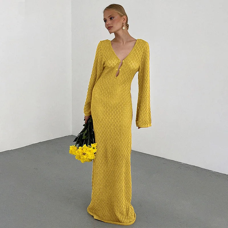 Sexy Women Long Knit Beach Dress Hollow-Out Deep V-Neck Long Sleeve Bikini Cover-Ups Dress Fall Backless Holiday Dress Yellow