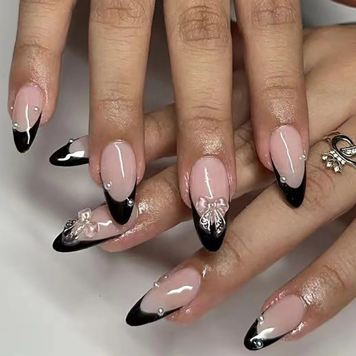 24Pcs Short Round Fake Nails with Gilding Flower Design Wearable Almond False Nails Tips Golden Lines Detachable Press on Nails 110