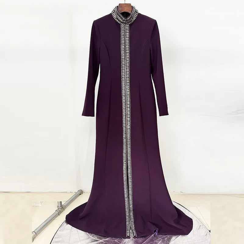 Solid Hollow Out Spliced Bead Dresses for Women High Neck Long Sleeves Patchwork Split Elegant Dress Female Clothes DARKPURPLE