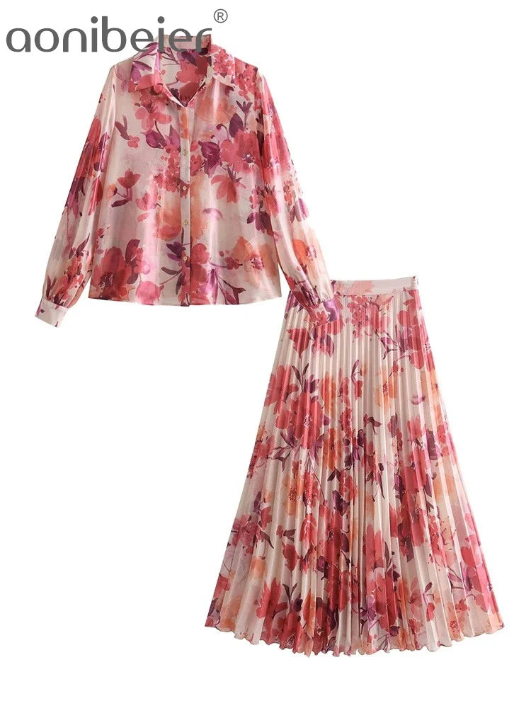 Aonibeier Summer Women Printed Suits Traf Wrist Sleeve V Neck Casual Shirt Female Pleated Maxi Long Skirt Sets Y2K Street