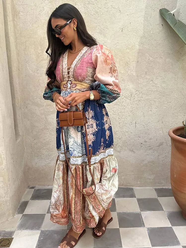 Vintage Women's Patchwork Printed Hollow Out Maxi Dress Fashion V Neck Long Sleeved Loose Dresses New Spring Female Street Robes