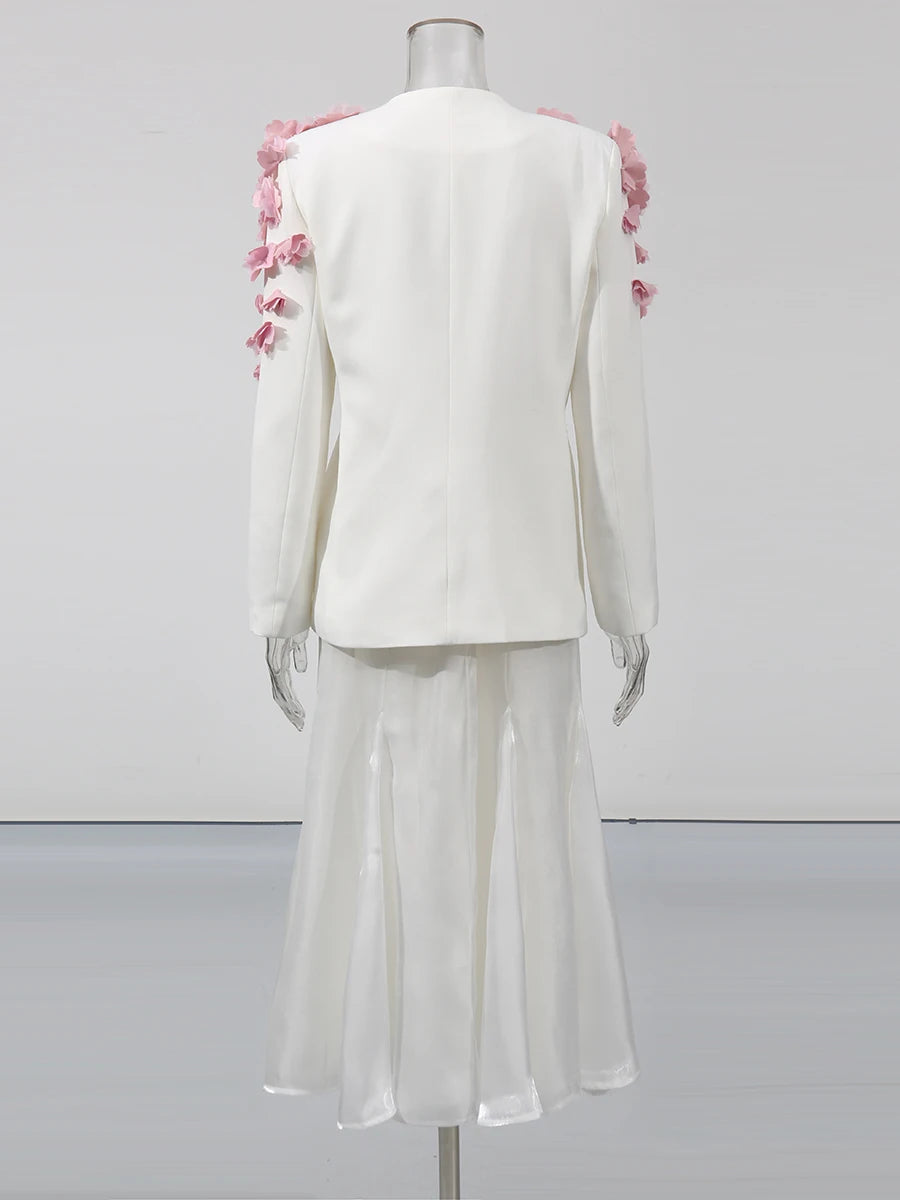 Spliced Petal Two Piece Sets for Women V Neck Long Sleeve Patchwork Lace Up Top High Wasit Skirt Elegant Set Female