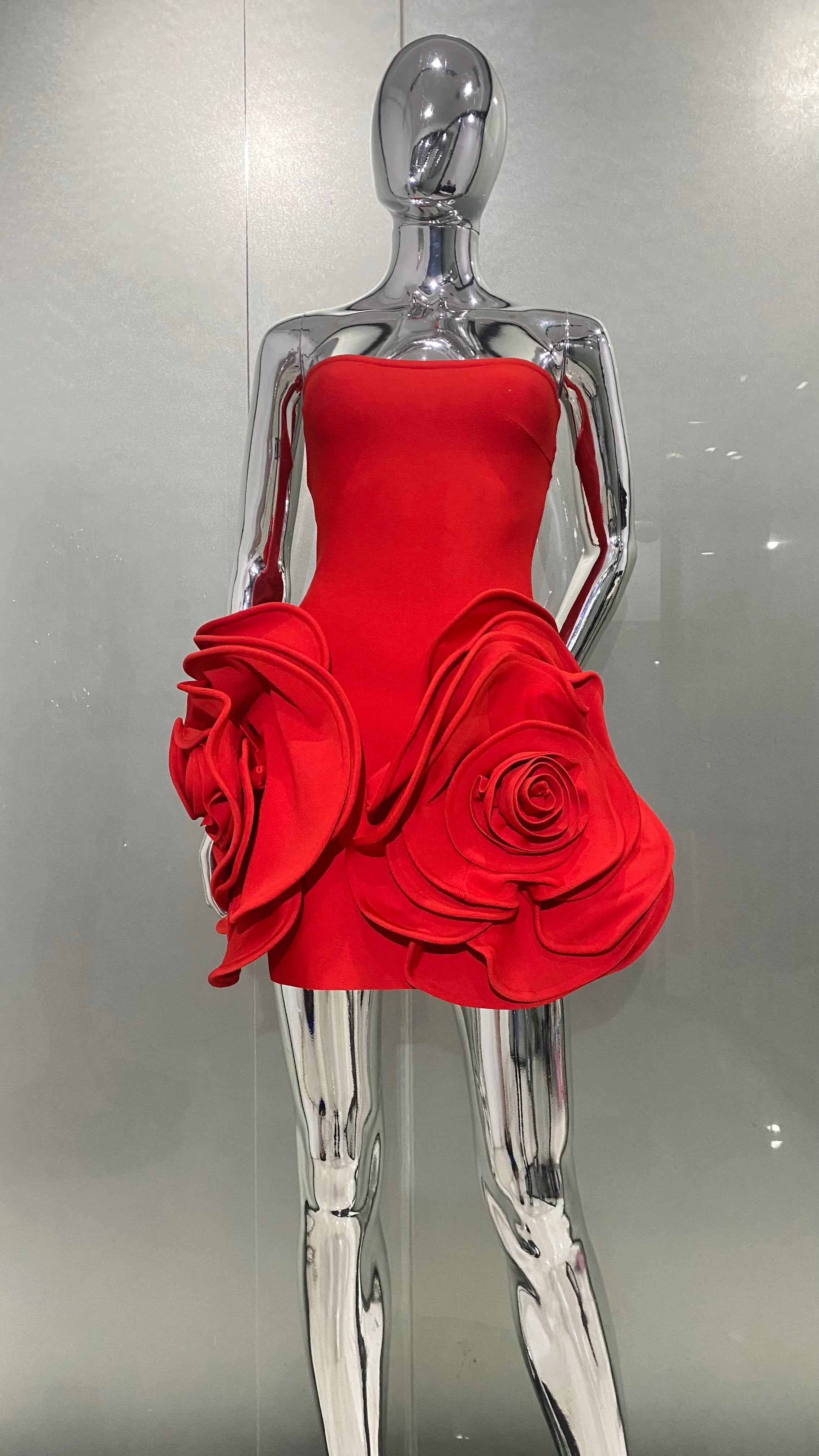 New Stereoscopic Flowers Strapless Red Bandage Mini Evening Dress Fashion Woman Birthday Party Dress Celebrity Party Outfit Red