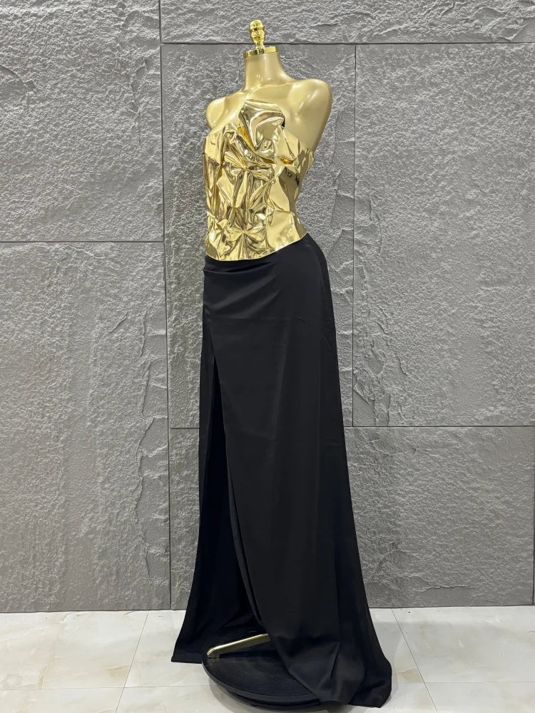 Hot Sale Discount Women Sexy Golden Tops Floor-length Skirt 2 Pieces Straight Dress Elegant Evening Party Celebrate Outfit