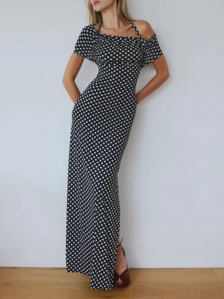 Mozision Off-shoulder Polka Dot Maxi Dress For Women Gown Fashion Halter Sleeveless Backless bodycon Split Long Dress Elegant black