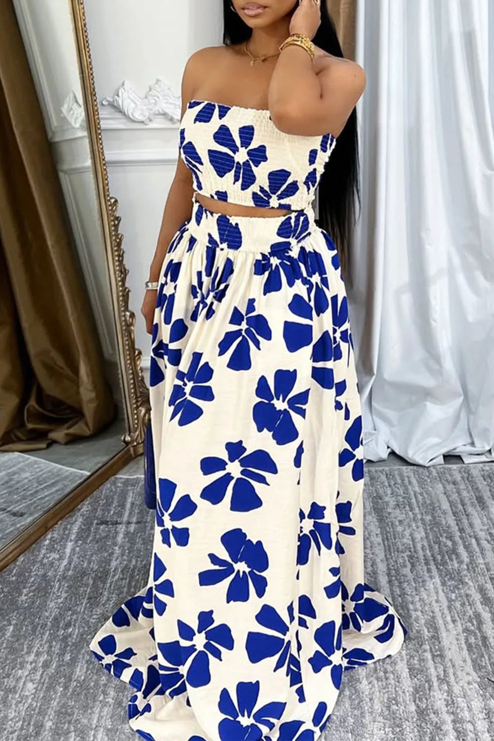 Plus Size Vacation Blue Graphic Pocket Smocking Two Piece Skirt Sets