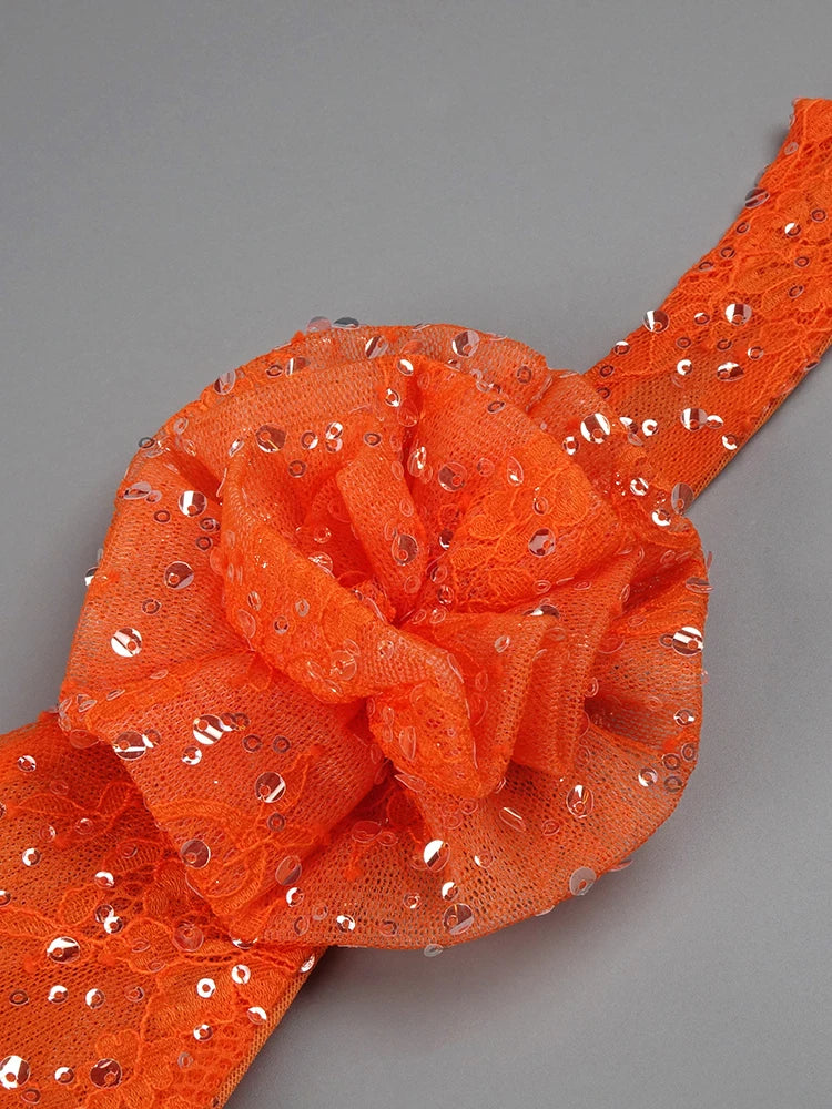 Orange Sequins Halter Long Dress For Women Backless Structured Flower Details Maxi Elegant Evening Party Gown Vestido