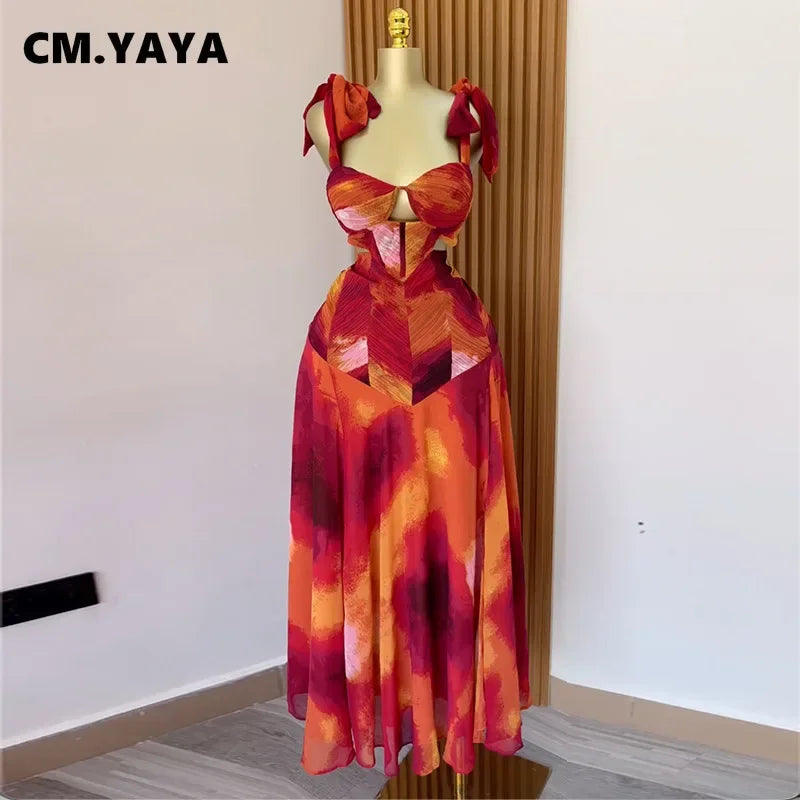 Fashion Printed Women Long Dresses Beach Holiday Street Bowknot Crop High Waist Big Swing Fake 2 Piece Party Dress 2025
