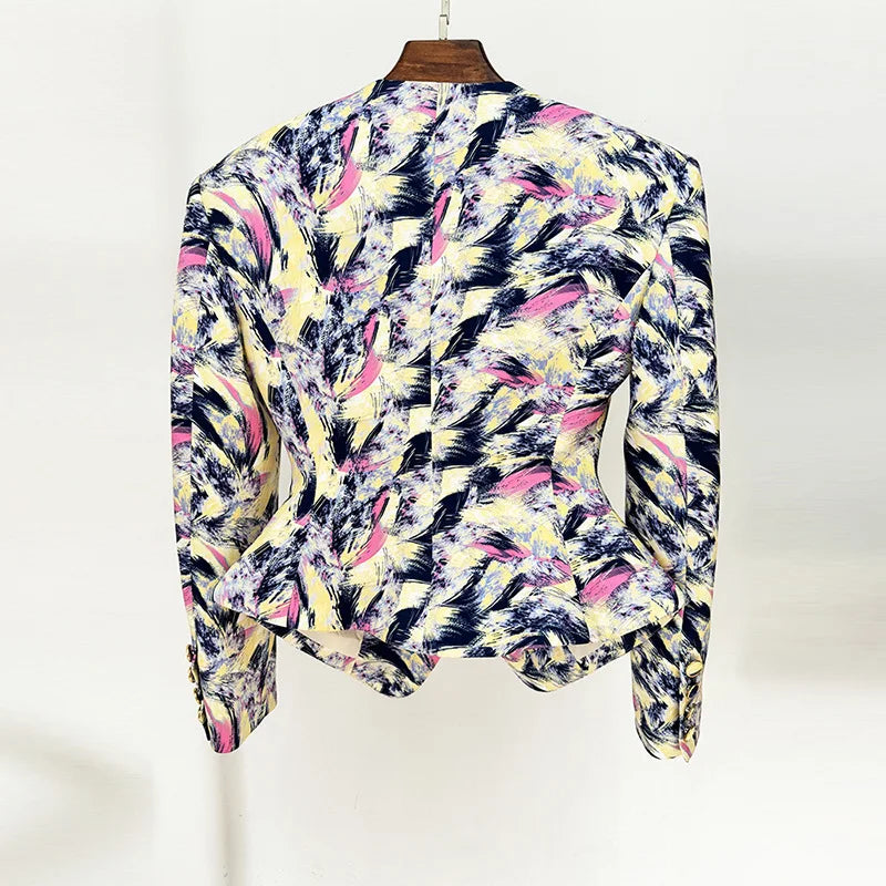 Hit Color Spliced Printing Fashion Jackets for Women V Neck Long Sleeves Patchwork Button Elegant Jacket Female New