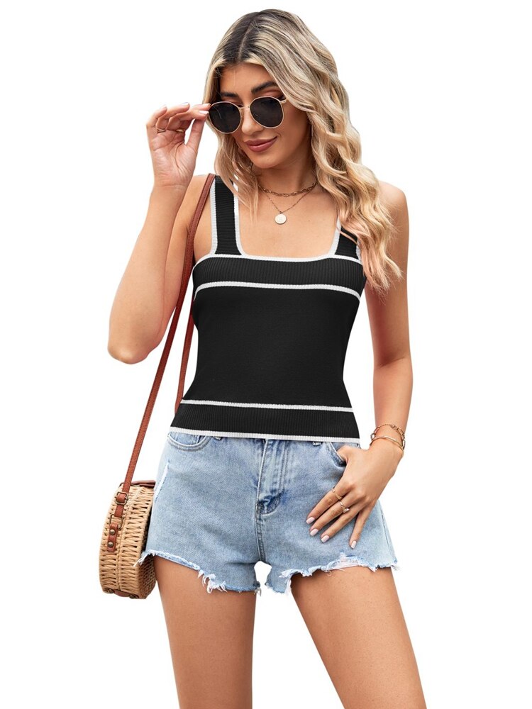 Women's 2024 Summer New Contrast Color Foreign Trade Knitted Sweater Short Style Crop Vest black